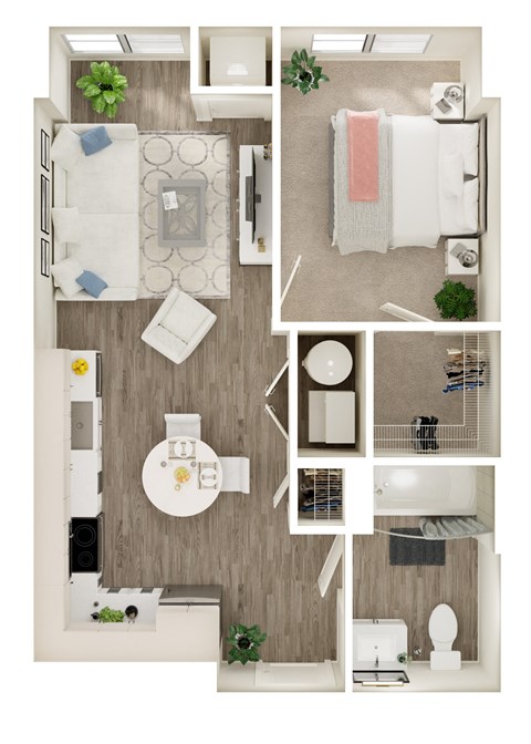 Floor plan for 1 bed, 1 bath, 596 sqft